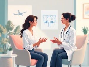 Illustration of a woman consulting with a doctor about areola reduction surgery, with travel icons and a clinic abroad symbolizing medical tourism for cosmetic procedures.
