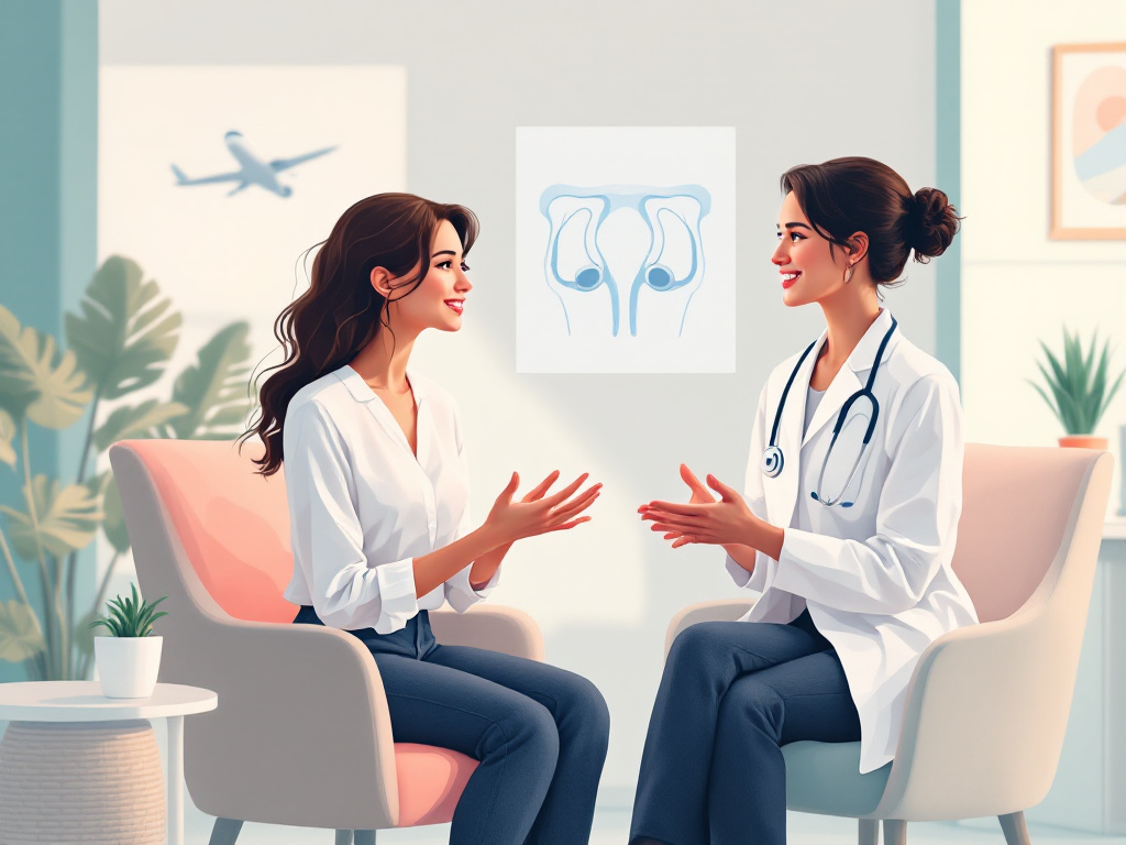 Illustration of a woman consulting with a doctor about areola reduction surgery, with travel icons and a clinic abroad symbolizing medical tourism for cosmetic procedures.