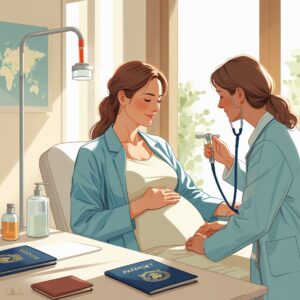 A woman receiving insemination treatment in a modern fertility clinic abroad, supported by a caring doctor in a clean and welcoming environment.