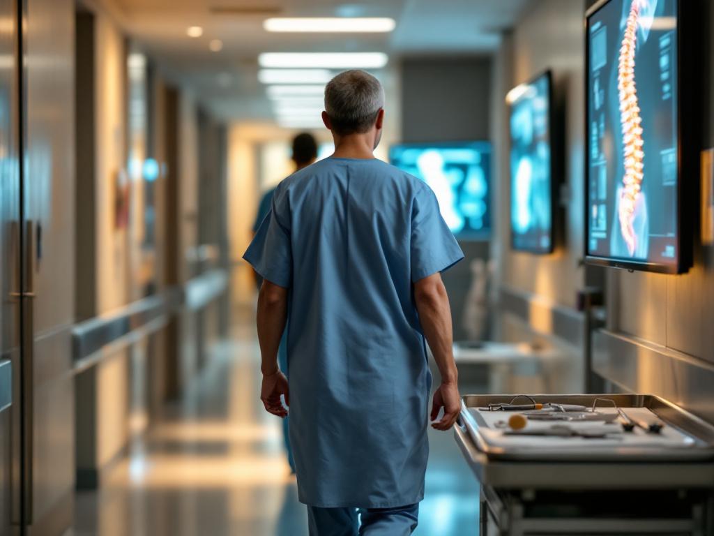 Patient walking after microdiscectomy surgery in a modern clinic, with spinal diagrams and medical staff in the background.