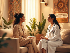 A woman speaks privately with a doctor about hymenoplasty at a discreet, high-quality clinic abroad.