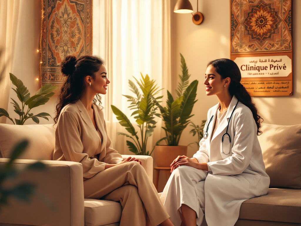 A woman speaks privately with a doctor about hymenoplasty at a discreet, high-quality clinic abroad.