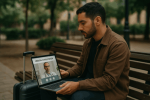 Masculine-presenting person quietly researching phalloplasty abroad on a tablet, with luggage nearby, reflecting thoughtful decision-making about gender-affirming surgery.