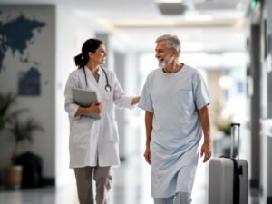 A smiling patient walking confidently after knee replacement surgery in a modern hospital abroad, supported by a healthcare professional, illustrating renewed mobility and expert affordable care.